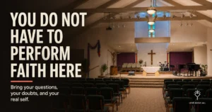 A kitchen table set with two mismatched chairs, beneath the words, "Can evangelicals attend an inclusive church?" and the line, "You will not be asked to hold your family in contempt."