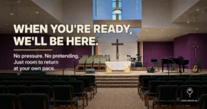 Open sanctuary interior with soft daylight and empty pews beneath the words, "I don't know what I believe anymore," and the line, "I'm not sure is a real answer."
